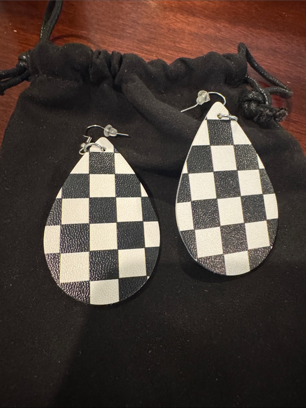 Black & White Checkered Teardrop Earrings - Women Jewelry